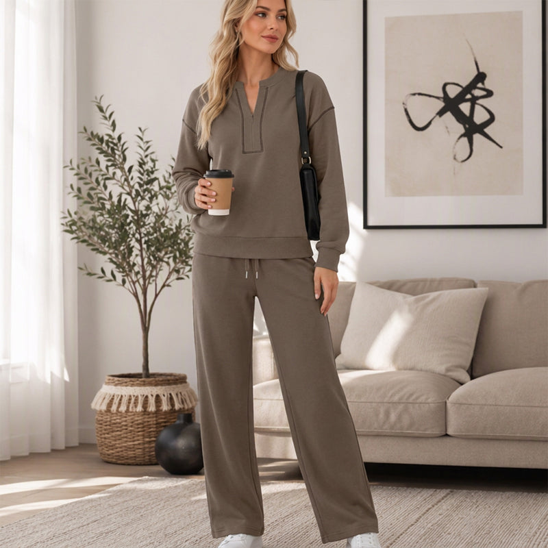 Ensemble femme top à manches longues demi-zippé et pantalon large