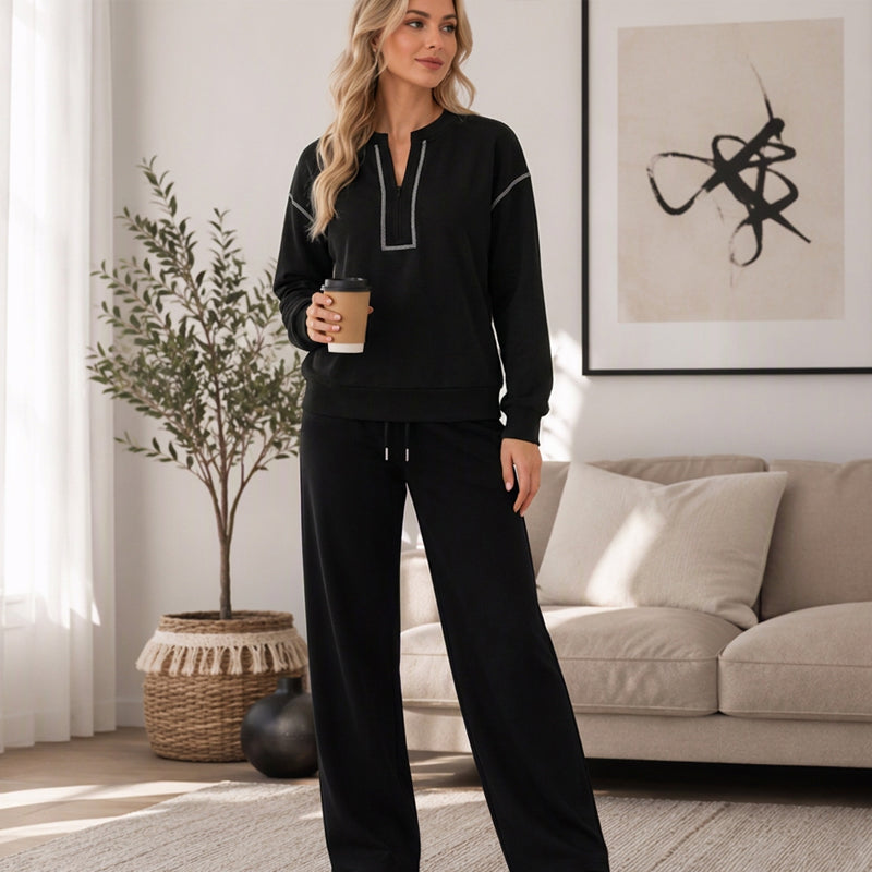 Ensemble femme top à manches longues demi-zippé et pantalon large