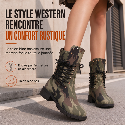 Bottes hautes occidentales rétro style cowboy pour femmes, grandes tailles, bottes hautes à rivets et motif camouflage
