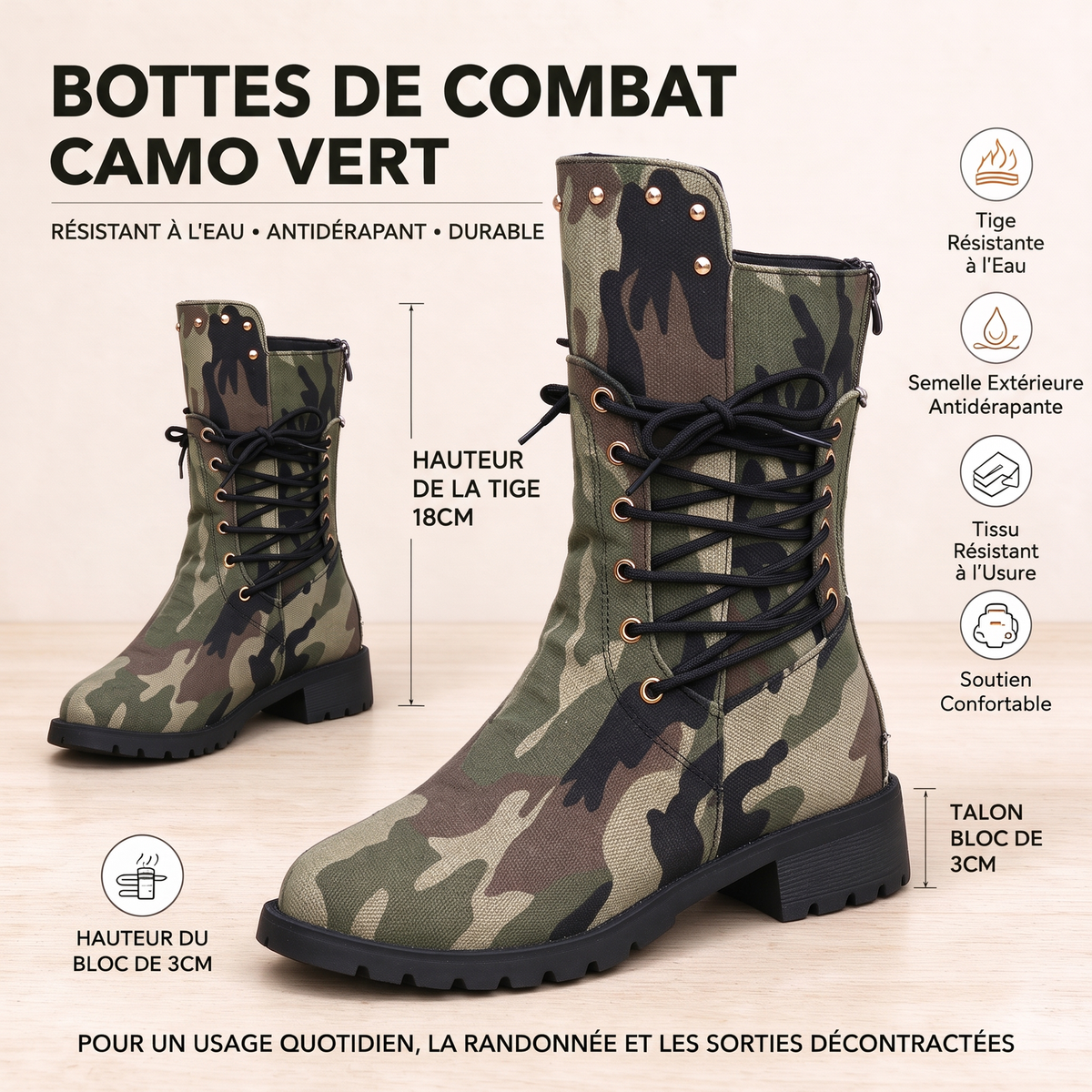 Bottes hautes occidentales rétro style cowboy pour femmes, grandes tailles, bottes hautes à rivets et motif camouflage