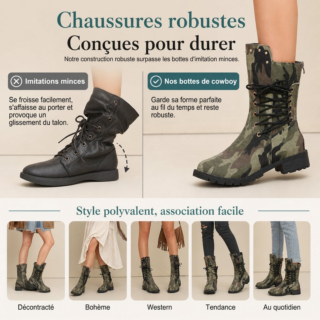 Bottes hautes occidentales rétro style cowboy pour femmes, grandes tailles, bottes hautes à rivets et motif camouflage