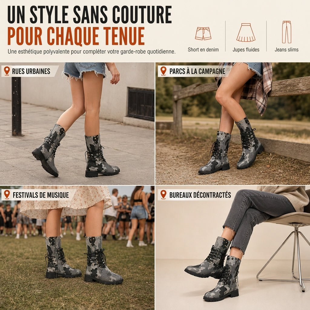 Bottes hautes occidentales rétro style cowboy pour femmes, grandes tailles, bottes hautes à rivets et motif camouflage