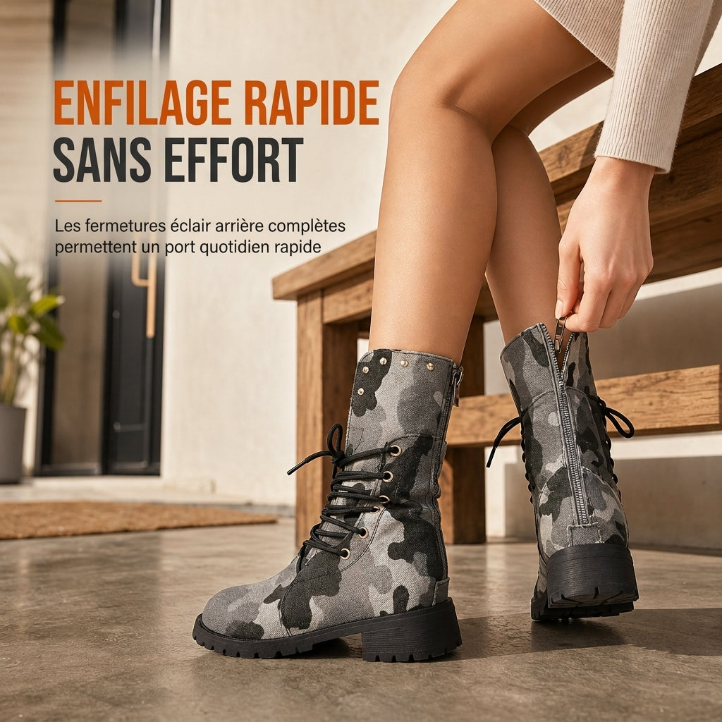 Bottes hautes occidentales rétro style cowboy pour femmes, grandes tailles, bottes hautes à rivets et motif camouflage
