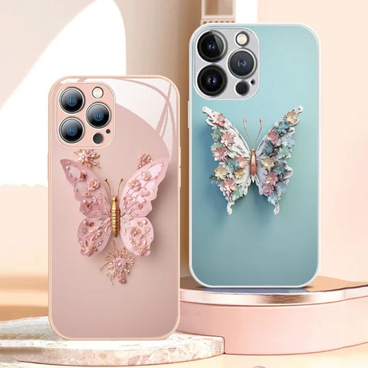 Coque en verre plate à motif papillon 3D compatible avec iPhone-🔥Prix bas limité à 2 heures