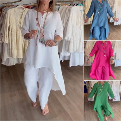 💕Hot Sale women's solid colour linen leisure suit