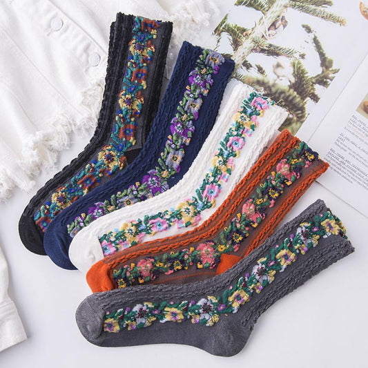 (5 paires) Chaussettes florales brodées vintage